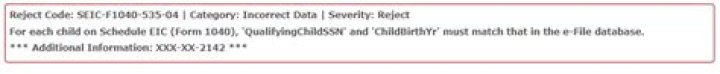 How do I fix reject code SEIC F1040 506 02?